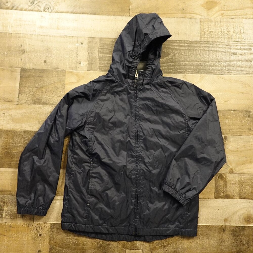 Lands’ End Kids‎ Fleece-Lined Rain Jacket Boys M (10–12) Navy Waterproof Hooded